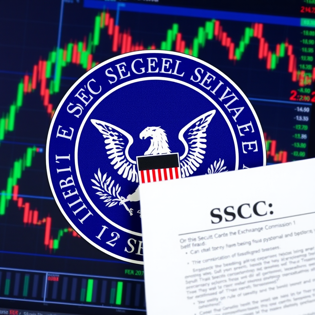 Документы SEC с логотипом комиссии по ценным бумагам и биржам на фоне графиков криптовалют и цифровых активов, символизирующие новые федеральные правила регулирования мошенничества с криптовалютой